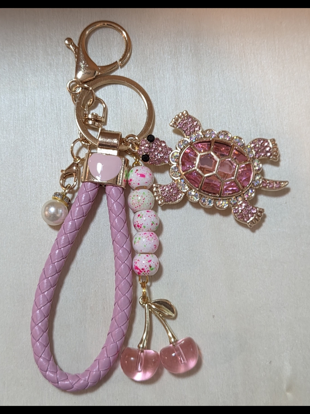 Pink Rhinestone Turtle Keychain with Braided Leather Loop & Cherry Charm